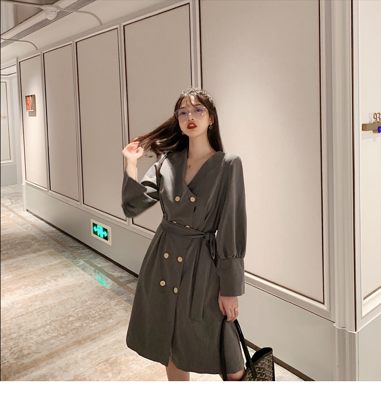 VK旗艦店 韓系雙排扣露鎖骨顯氣質系帶長袖洋裝