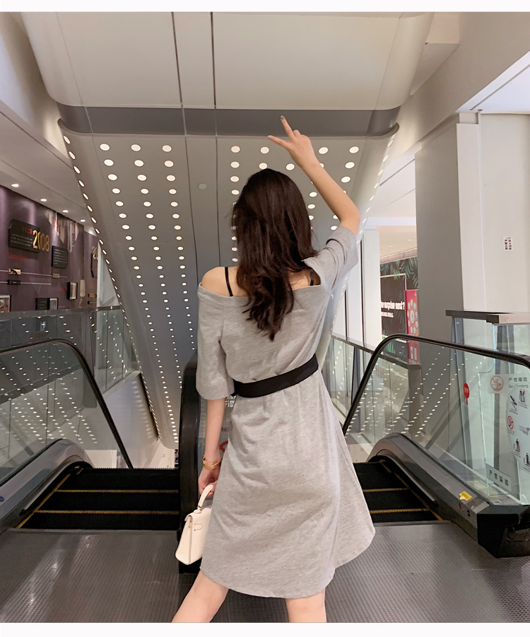 VK旗艦店 韓系一字領露肩收腰修身顯瘦短袖洋裝