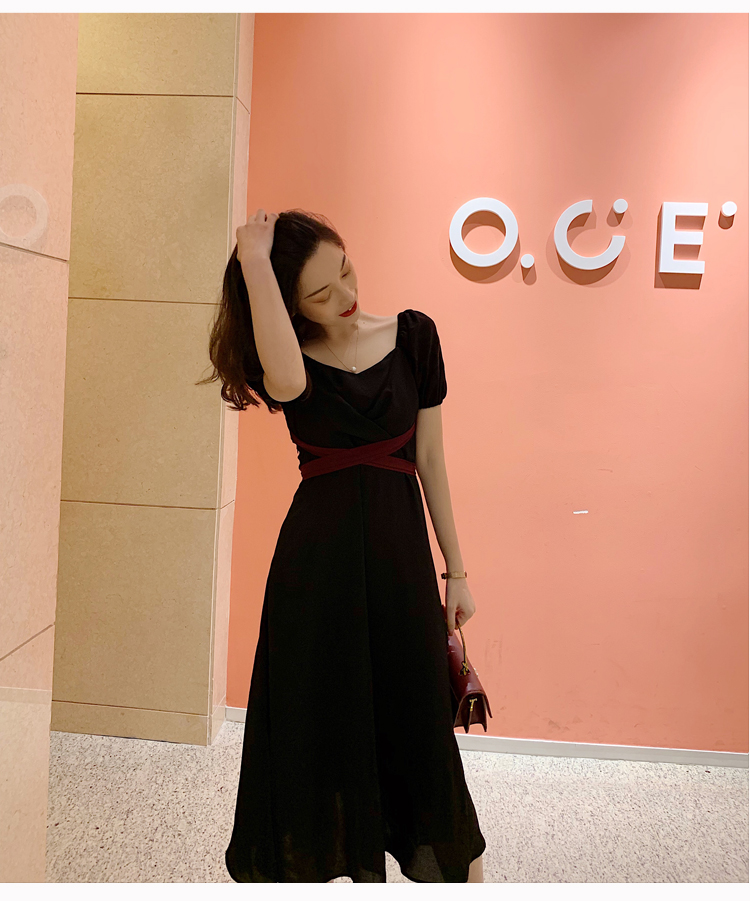 VK旗艦店 韓系一字領兩穿V領收腰系腰帶長版短袖洋裝