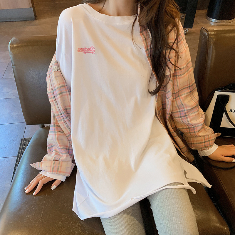 Spring loaded Korean version net red downswing long sleeve T-shirt woman 100 lap pure cotton inner lap for a long version of loose clothing