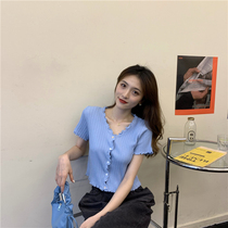 Fan-style v collar agaric side leaky lock bone short sleeve thin knit cardigan design sensation 100 hitch fit short blouse summer