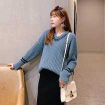 Spring and autumn clothes new Korean version net red cover head V collar sweater women loose fashion 100 hitch lazy windy bottom needling jersey