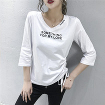 2020 summer new all-match thin three-point sleeve T-shirt womens short-sleeved printed V-neck drawstring top clothes ins tide