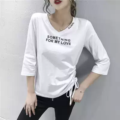 2020 summer new all-match thin three-point sleeve T-shirt women's short-sleeved printed V-neck drawstring top clothes ins tide