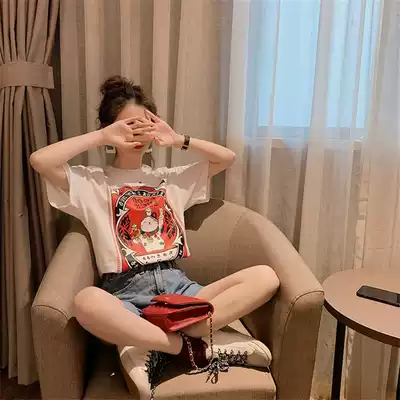 Pure cotton white t-shirt women's short-sleeved summer student loose ins tide Hong Kong flavor top clothes Net red Lucky cat half-sleeved T-shirt