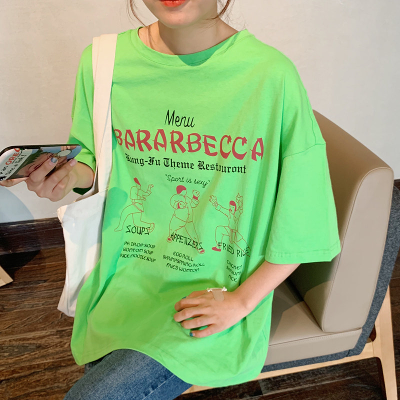 2022 summer dress new loose bf Lazy Wind T-shirt Woman Short Sleeve Port Wind Cartoon Print Medium Long Version Half Sleeve Blouse