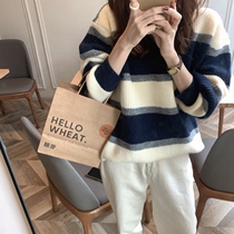 Korean Ensemble Retro Collision Color Striped Raccoon Fur Coat Woman Autumn Winter Outwear With Lazy Wind and Loose Bottom Needle-weaters blouses