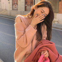2021 autumn and winter new Korean version loose needle cardiovert girl with lazy wind and high neckline with floral shoulder cover and outside wearing sweater