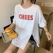 2022 Summer Dress New Ocean Qi 100 Lap Loose Open Fork Blouse Womens Net Red Print Medium Long round collar short sleeve T-shirt
