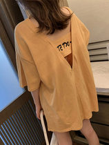 Bottoms missing womens summer net red sexy backless loose short-sleeved mid-length t-shirt pure cotton ins half-sleeved top tide