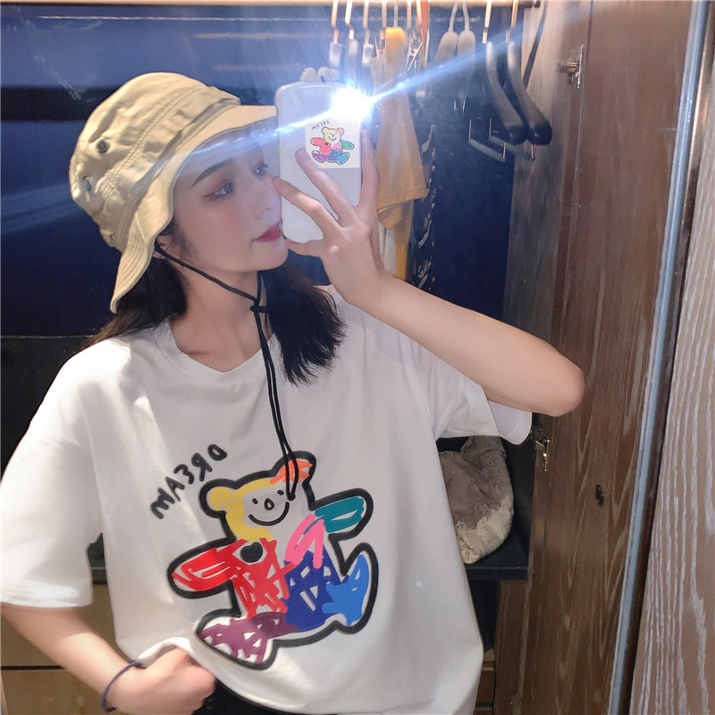 ins overfire cartoon printed T-shirt female short sleeve summer dress original Cebu wind loose display slim pure cotton half sleeve upper garment tide