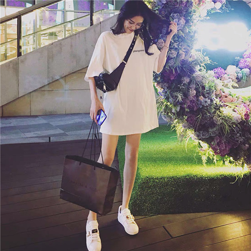 2022 Summer new pure cotton medium long version short sleeve T-shirt female 100 hitch ultra-fire loose embroidery blouses