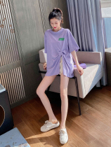 Sweet Potato Purple Down Swing Side Open Fork T-Shirt Woman Summer Dress New Short Sleeves Mid-Length Half Sleeve Blouse Fat Mm Beat Base Shirt