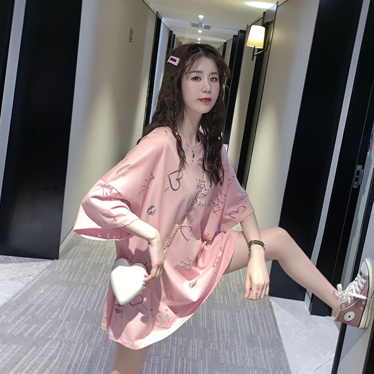 Medium and long version of short sleeve T-shirt female summer loose student ins tide Net Red foreign pie casual half sleeve pink clothes