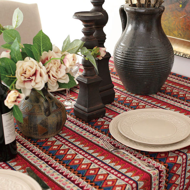 Customized ins style ຝ້າຍແລະ linen ຊົນເຜົ່າສີແດງ striped hollow tablecloth tablecloth cover ຜ້າຕາຕະລາງກາເຟຜ້າຂີ້ຝຸ່ນ