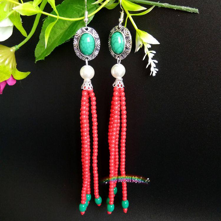 Mongolian Elements Handmade Strings Beads Earrings Earrings Minority Wind Earrings Succinct Long Prints of the Flowing Suear Accessories