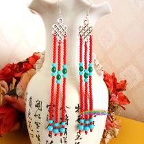 Mongolian element long tassel earrings Handmade beaded earrings Mongolian robe with jewelry performance jewelry