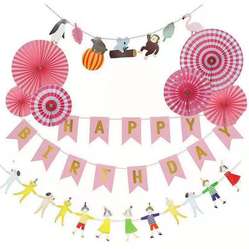 Birthday Labanner Banner Pull Flag Scalding Gold Fish Tail Flag Diy Raw Party Paper Fan Flower Decoration Seven Colorful Paper Fan Flower Pendant