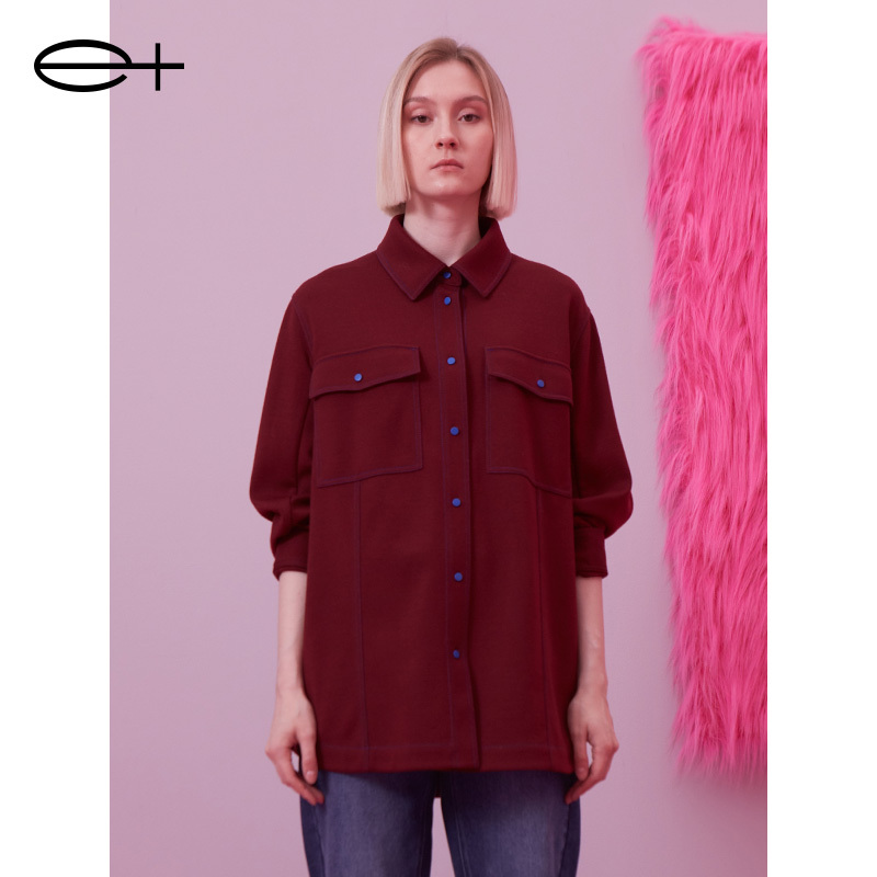 Yijia E+ New Winter Brand Women's Burgundy Fashionable Wool Blended Knitted Long-Sleeved Shirt