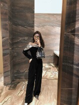 Mrs Qians Sydney Spring net red suit womens off-the-shoulder sequin top Velvet wide-leg pants two-piece set tide