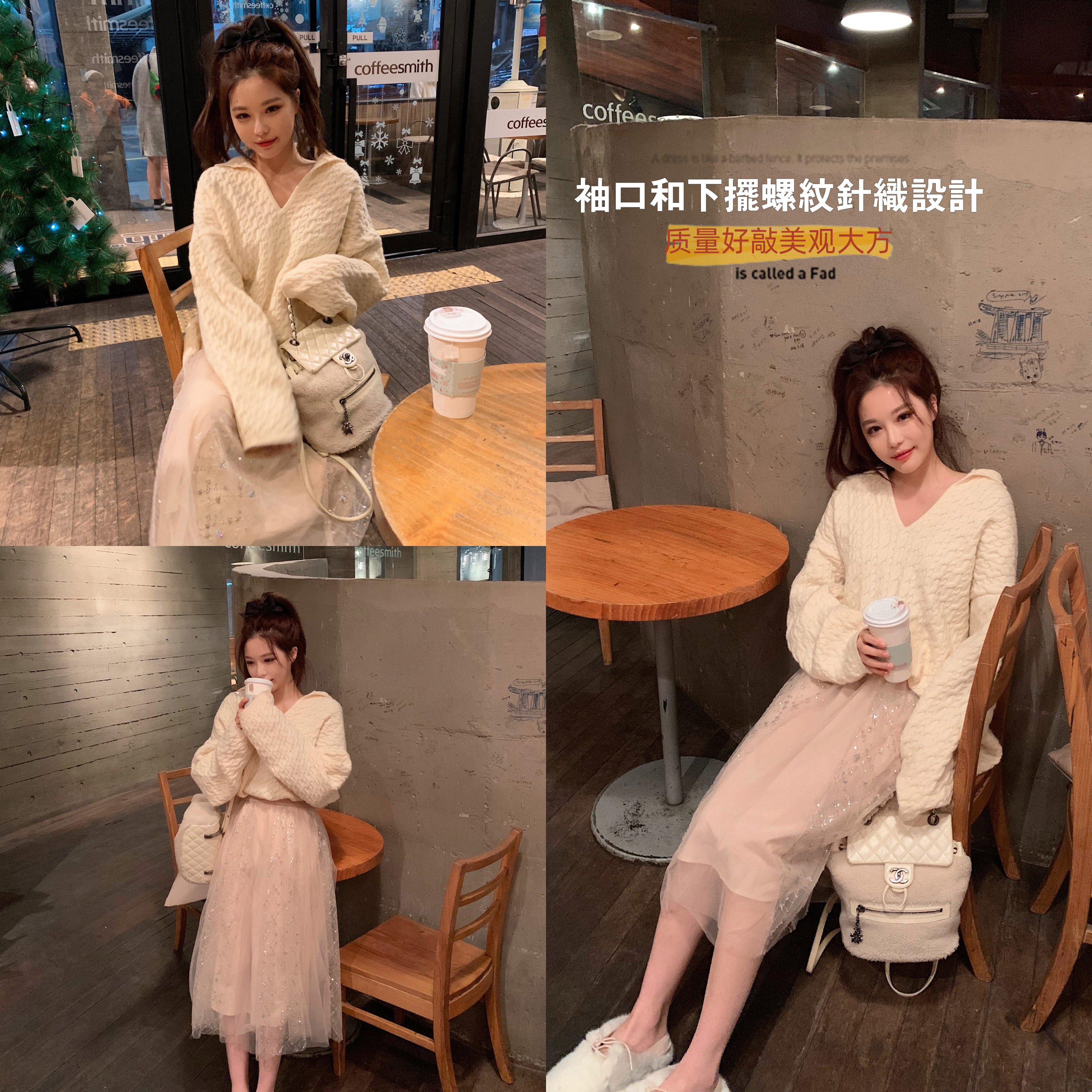 Mrs Qian Korean version of twist knitted top women's autumn and winter 2019 new small lazy wind V-neck base sweater