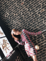 Mrs Qian autumn new women contrast color striped long-sleeved knitted dress Korean A-line skirt
