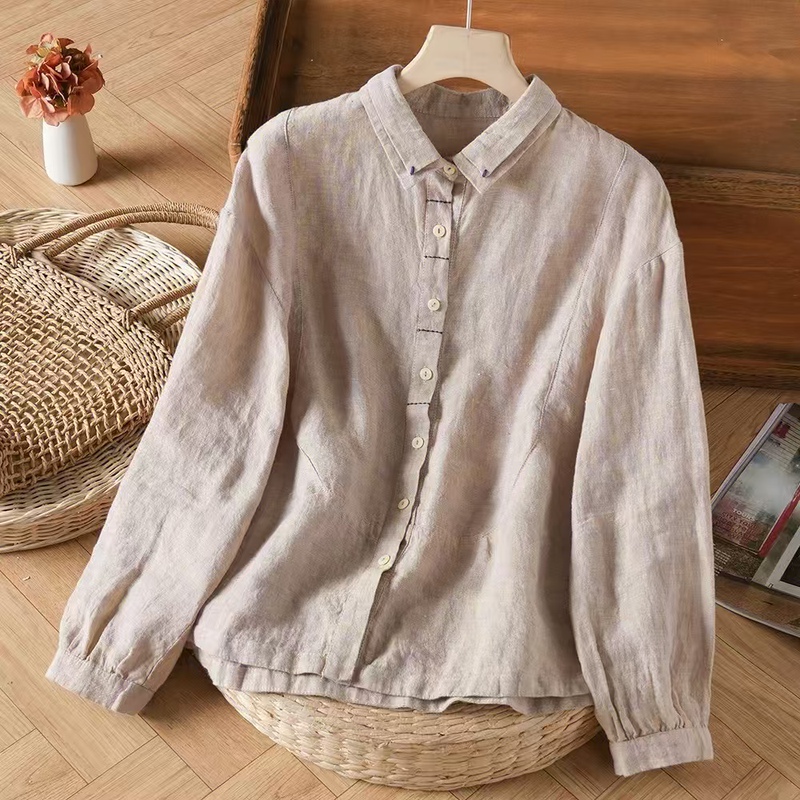 Chic and Unique Two-Tone 36-Color Yarn-Dyed Linen Long-Sleeve Shirt with an Artistic Retro Swallowtail Collar for Spring and Autumn Chic and Unique Two-Tone 36-Color Yarn-Dyed Linen Long-Sleeve Shirt with an Artistic Retro Swallowtail Collar for Spring and Autumn