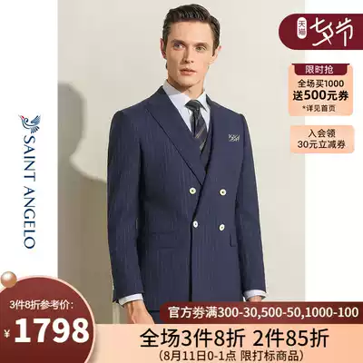 Saint Angelo men's spring new business formal suit suit double-breasted striped wool mulberry silk suit