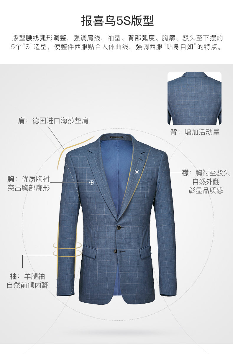 报喜鸟 90.3%羊毛+9.7%桑蚕丝 男士西服套装 图2