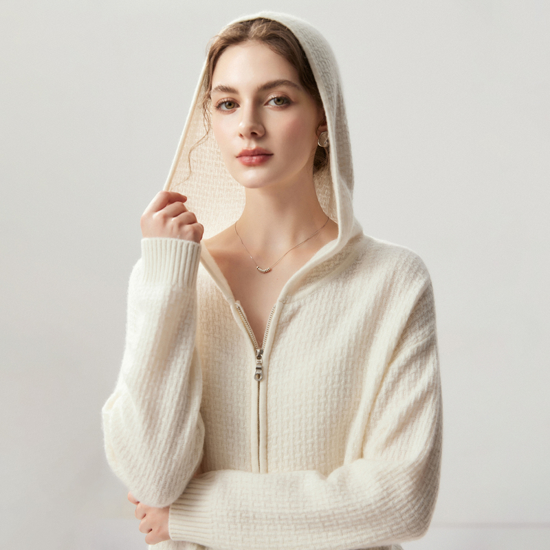 Alo Style! Waffle Weave Old Money Style Pure Cashmere Cardigan for Women, Double Zipper Hooded Knit Sweater Coat, Thick Alo Style! Waffle Weave Old Money Style Pure Cashmere Cardigan for Women, Double Zipper Hooded Knit Sweater Coat, Thick