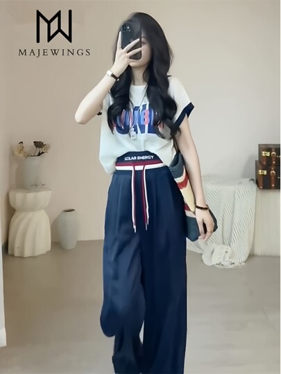 专柜正品时尚休闲运动套装女夏薄款百搭宽松减龄短袖阔腿裤两件套