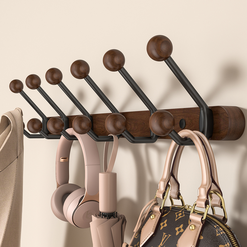 Walnut Wood Hook in Vintage Style, High-End Wall-Mounted Clothes Rack for Bathroom, No-Drill Installation Behind the Door