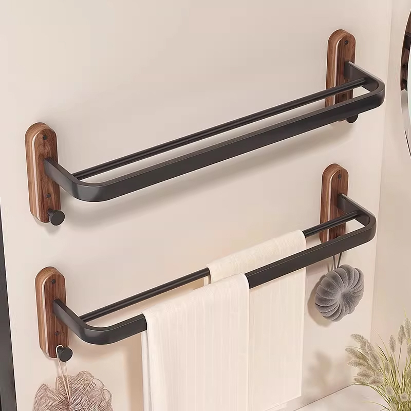 Walnut Bathroom Towel Rack, High-End Single/Double Rod, No-Drill, Minimalist Bathroom Towel and Bath Towel Hanging Rod Storage Rack
