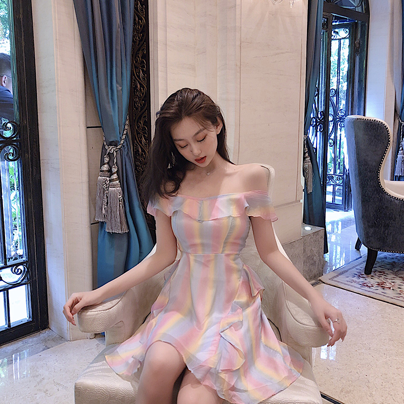 VK旗艦店 韓系馬卡龍色V領性感收腰荷葉邊雪紡短袖洋裝