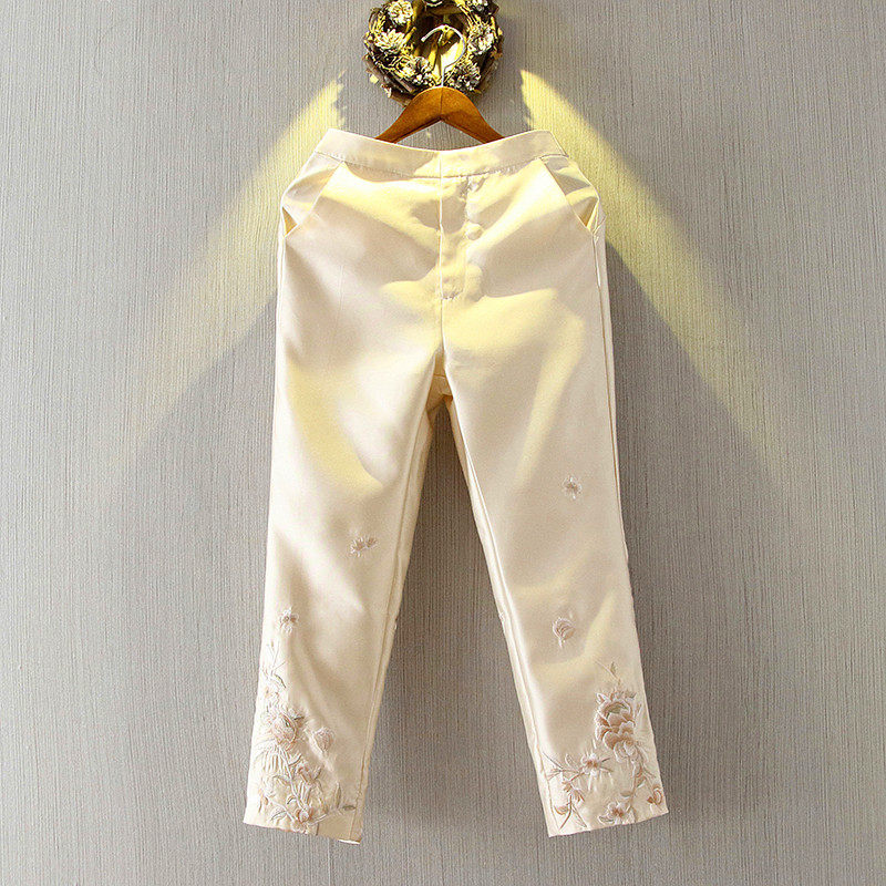 Small Good House Spring Autumn Retro Chinese Wind Matching Qipao Chinese Style Tang Dress Embroidery Casual Pants 9 Points Embroidered Pants Woman