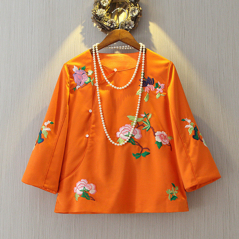 Genuine Small Good House 2022 Spring Chinese style Tang Dress Women Large Scale Code Round Neckline Embroidered Qipao Style Blouse Short Coat