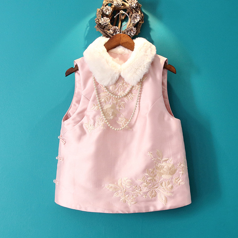 Little Good House 2022 Winter New Young Girl Pink Vest Chinese Embroidered Cotton Cheongsam Vest Woman