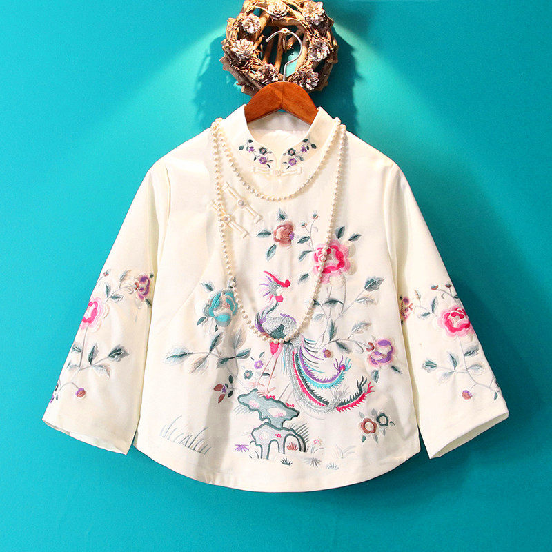 2021 autumn new Chinese style slanted embroidered cheongsam jacket white young grandma costume top women