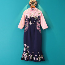 Xiaoshan home spring dress cheongsam retro modified dress Chinese style womens embroidery fish tail 7-point sleeve cheongsam dress