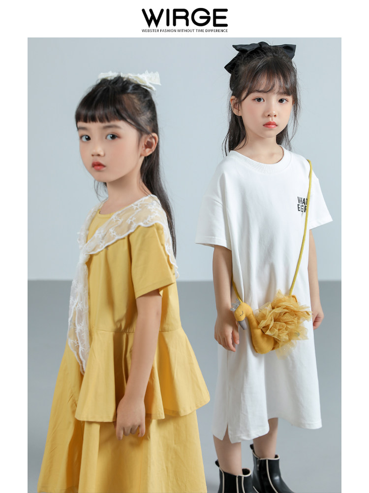 Webster Girls Dress Round Neck Short Sleeves Pure Cotton 2022 Summer New Casual Solid Color A-Line Dress for Big Boys and Girls