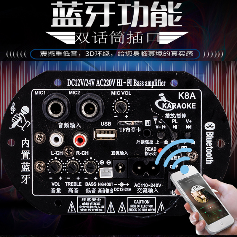 W dual microphone interface universal bluetooth high-power subwoofer amplifier car 12V24V220V board motherboard speaker