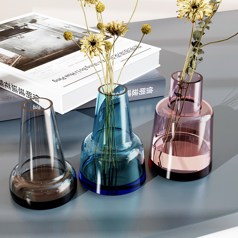 Small, Simple Glass Vase with a Stylish Design in Smoky Gray and Blue for Flower Arrangements, Suitable for Hotels, Living Rooms, and as a Creative Tabletop Ornament