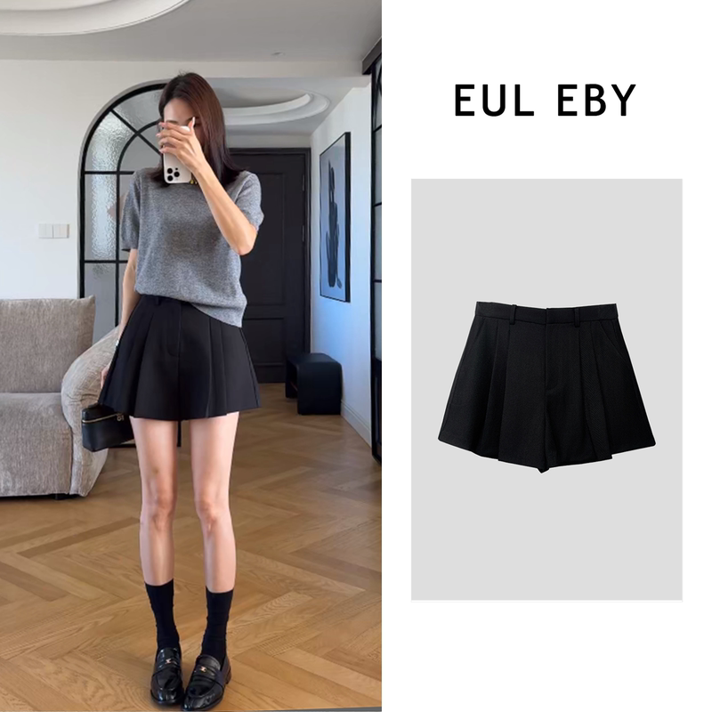 Eul Eby Summer New Wide-Leg Pants Short Casual Pleated Skirt Pants Women's Black Suit Shorts 251147 #