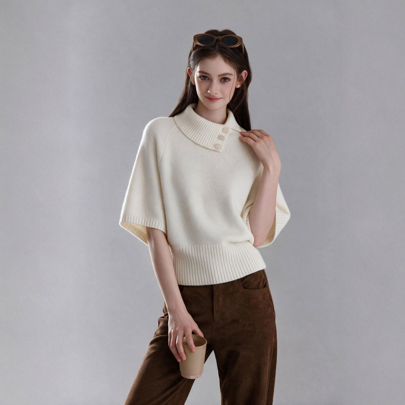 2026 Autumn New French Style Elegant Lapel Mid-Sleeve Cape Knit Sweater Loose Soft Sweater Batwing Sleeve Top 2026 Autumn New French Style Elegant Lapel Mid-Sleeve Cape Knit Sweater Loose Soft Sweater Batwing Sleeve Top