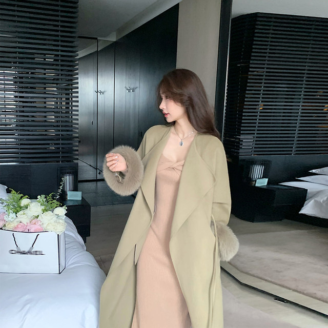 ACHI Dayeike* Green Lapel Long Cashmere Coat Women's Waisted Autumn and Winter Fox Fur Sleeve Double-sided Woolen Coat