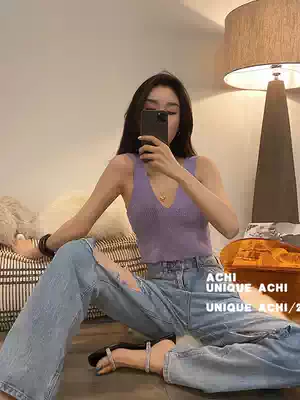 ACHI big Yechi purple v-neck small vest knitted women strapless bottom wear sleeveless short top