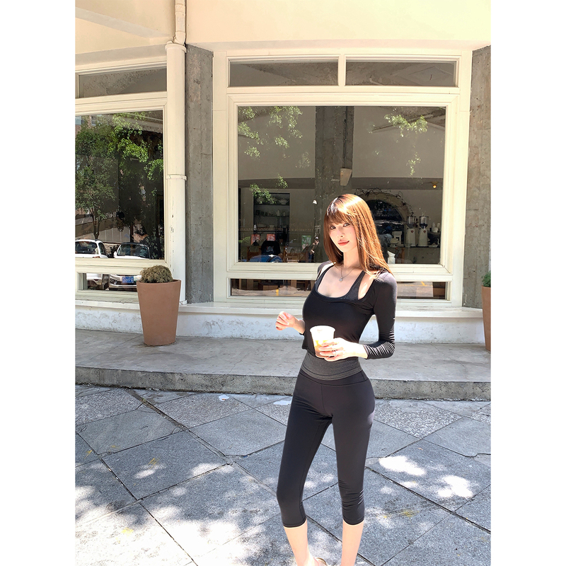 Achi Da Ye Chi Black Lycra High-Elasticity Capri Pants Slimming Yoga Pants Zero-Restraint Leggings Cycling Pants