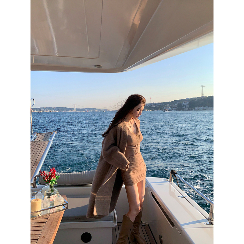 Achi Dayeike Panama Raccoon Wool Sheep Wool Lp* Coat Knitted Cardigan Coffee Color Mid-Length Coat for Women
