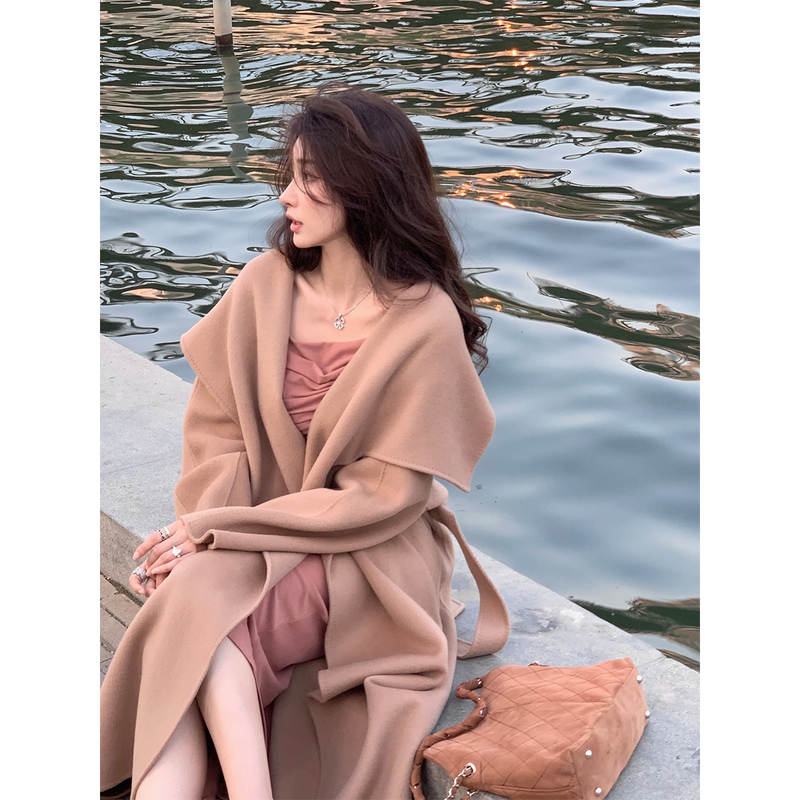 Achi Dayeche Camel-Colored Double-Sided Wool Coat for Women, Winter Sheep Wool Large Lapel Lazy Mid-Length Cashmere Coat