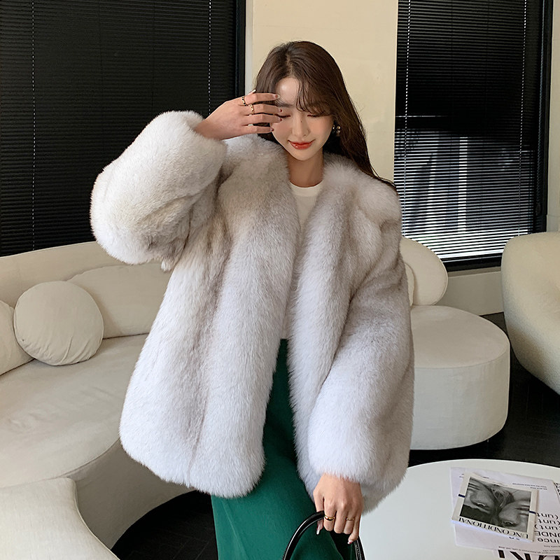 CL Import whole leather fox fur straw jacket female medium long version Korean version warm net red conspiculy young with big clothes winter